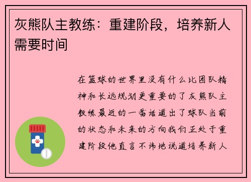 灰熊队主教练：重建阶段，培养新人需要时间