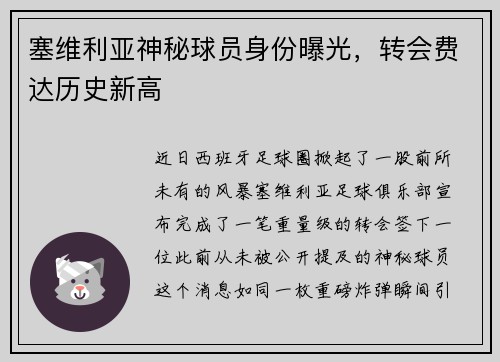 塞维利亚神秘球员身份曝光，转会费达历史新高