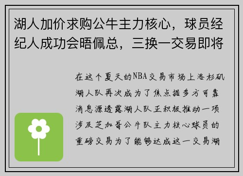 湖人加价求购公牛主力核心，球员经纪人成功会晤佩总，三换一交易即将敲定