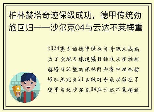 柏林赫塔奇迹保级成功，德甲传统劲旅回归——沙尔克04与云达不莱梅重返顶级联赛